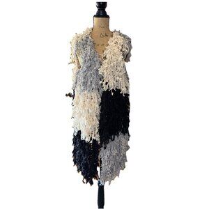 Womens Shaggy Eyelash Fringe Pompom Cardigan Vest Color Block Boho Festival S/M